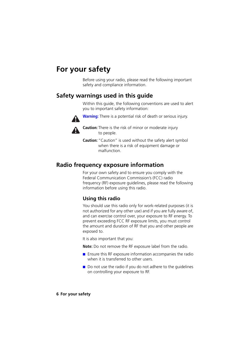 For your safety, Safety warnings used in this guide, Radio frequency exposure information | Using this radio | QTech Data Systems Tait TM8000 Radio User Manual | Page 6 / 44