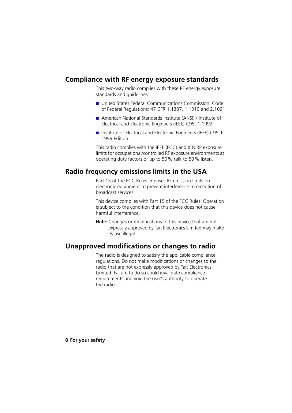 Compliance with rf energy exposure standards, Radio frequency emissions limits in the usa, Unapproved modifications or changes toradio | Unapproved modifications or changes to radio | QTech Data Systems Tait TM8000 Radio User Manual | Page 8 / 44