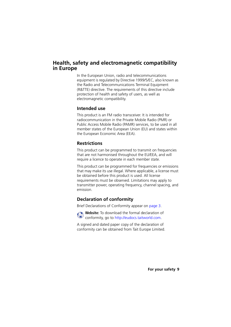 Intended use, Restrictions, Declaration of conformity | QTech Data Systems Tait TM8000 Radio User Manual | Page 9 / 44