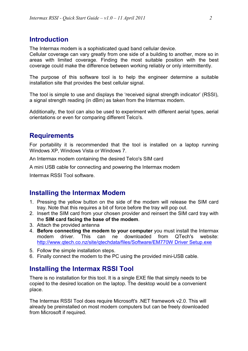 Introduction, Requirements, Installing the intermax modem | Installing the intermax rssi tool | QTech Data Systems Intermax Cellular Modem User Manual | Page 2 / 4