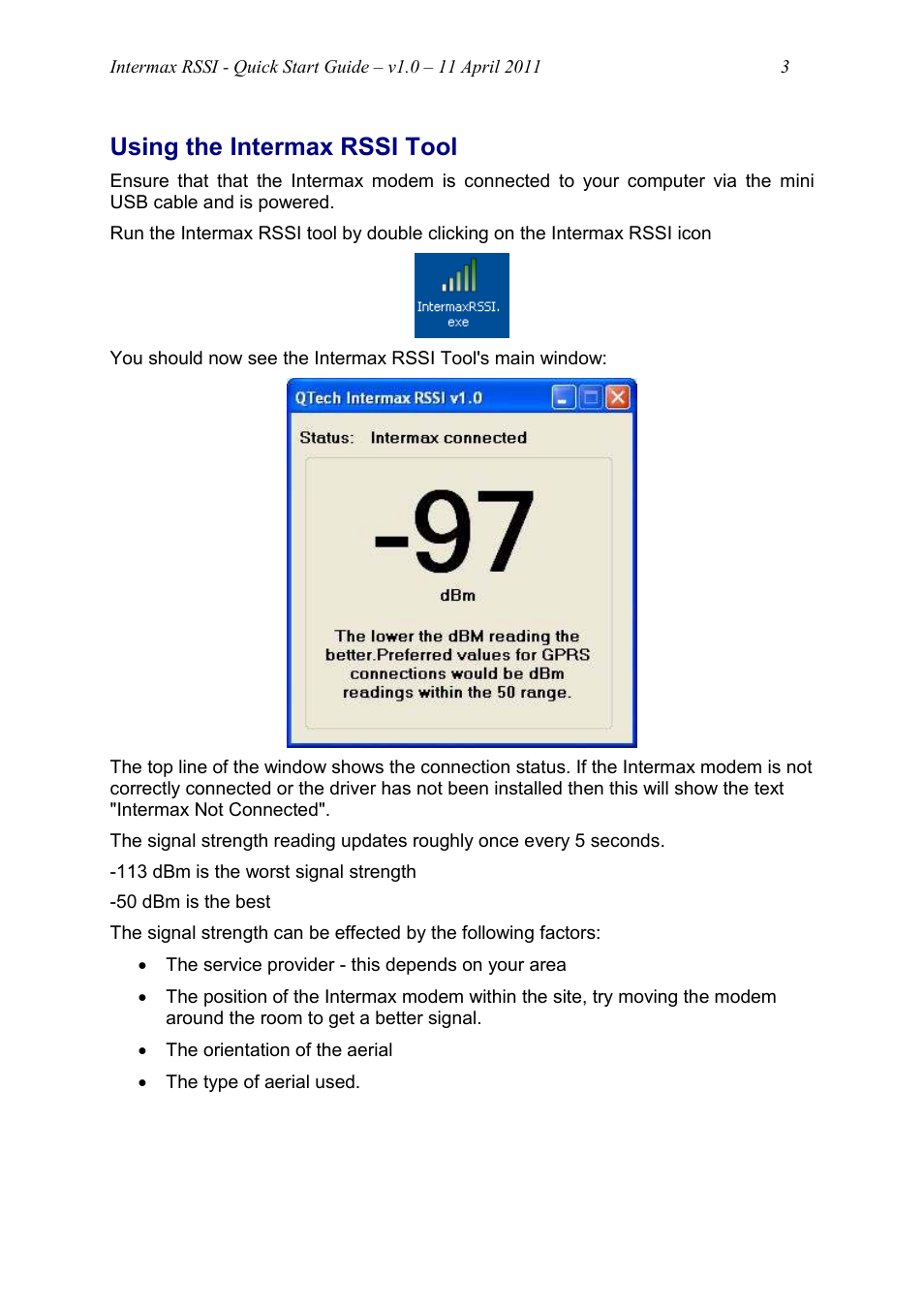 Using the intermax rssi tool | QTech Data Systems Intermax Cellular Modem User Manual | Page 3 / 4