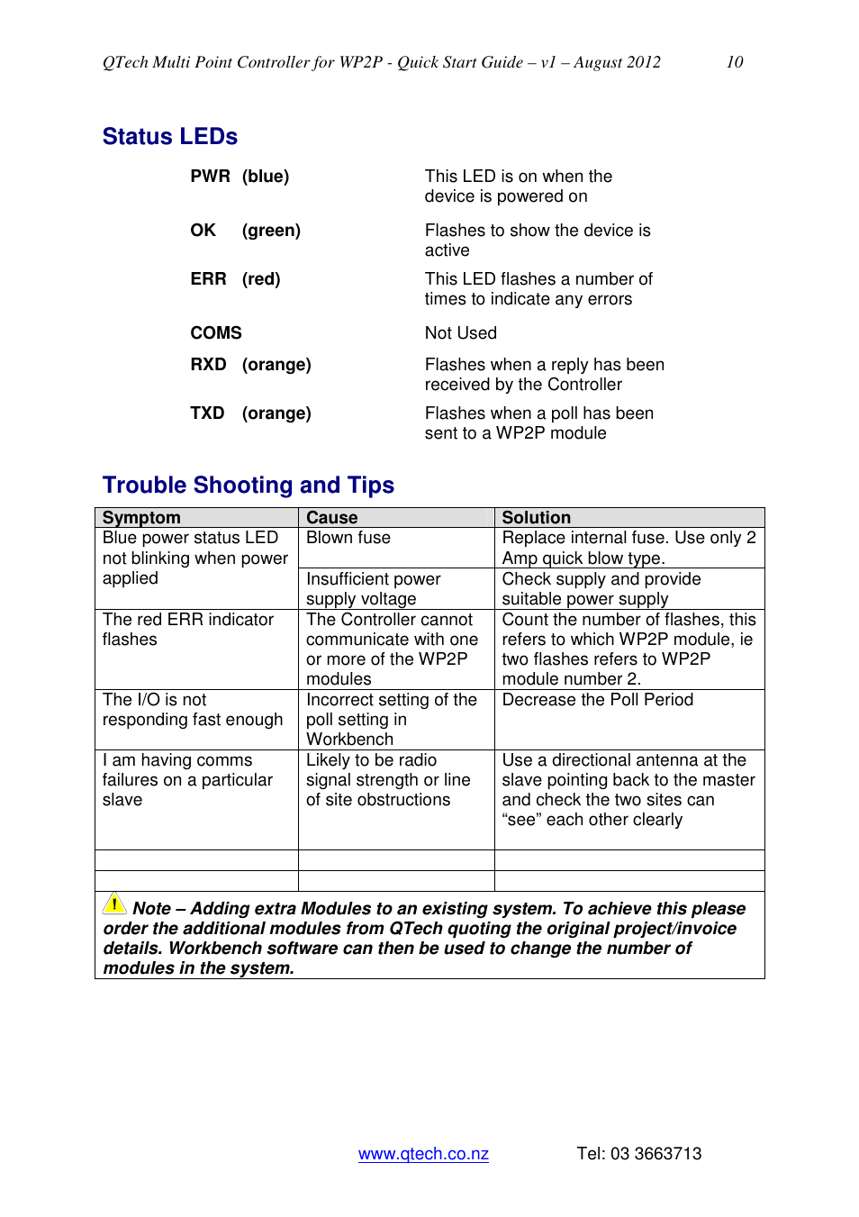 Status leds, Trouble shooting and tips | QTech Data Systems Multi Point Controller (MPC) System User Manual | Page 10 / 10