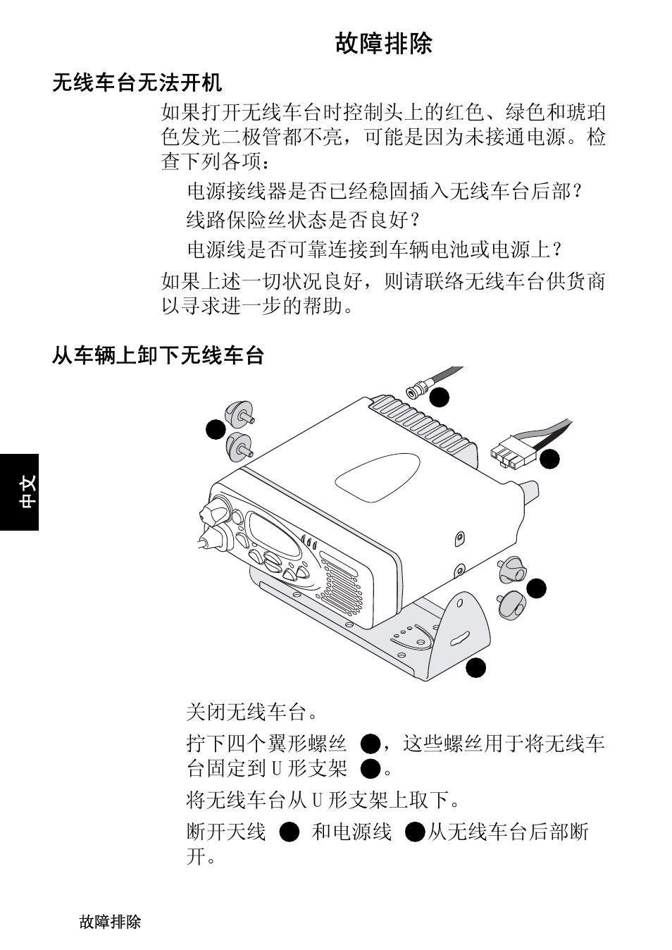 故障排除, 无线车台无法开机, 从车辆上卸下无线车台 | 无线车台无法开机 从车辆上卸下无线车台 | QTech Data Systems Tait TM8000 Radio User Manual | Page 98 / 106