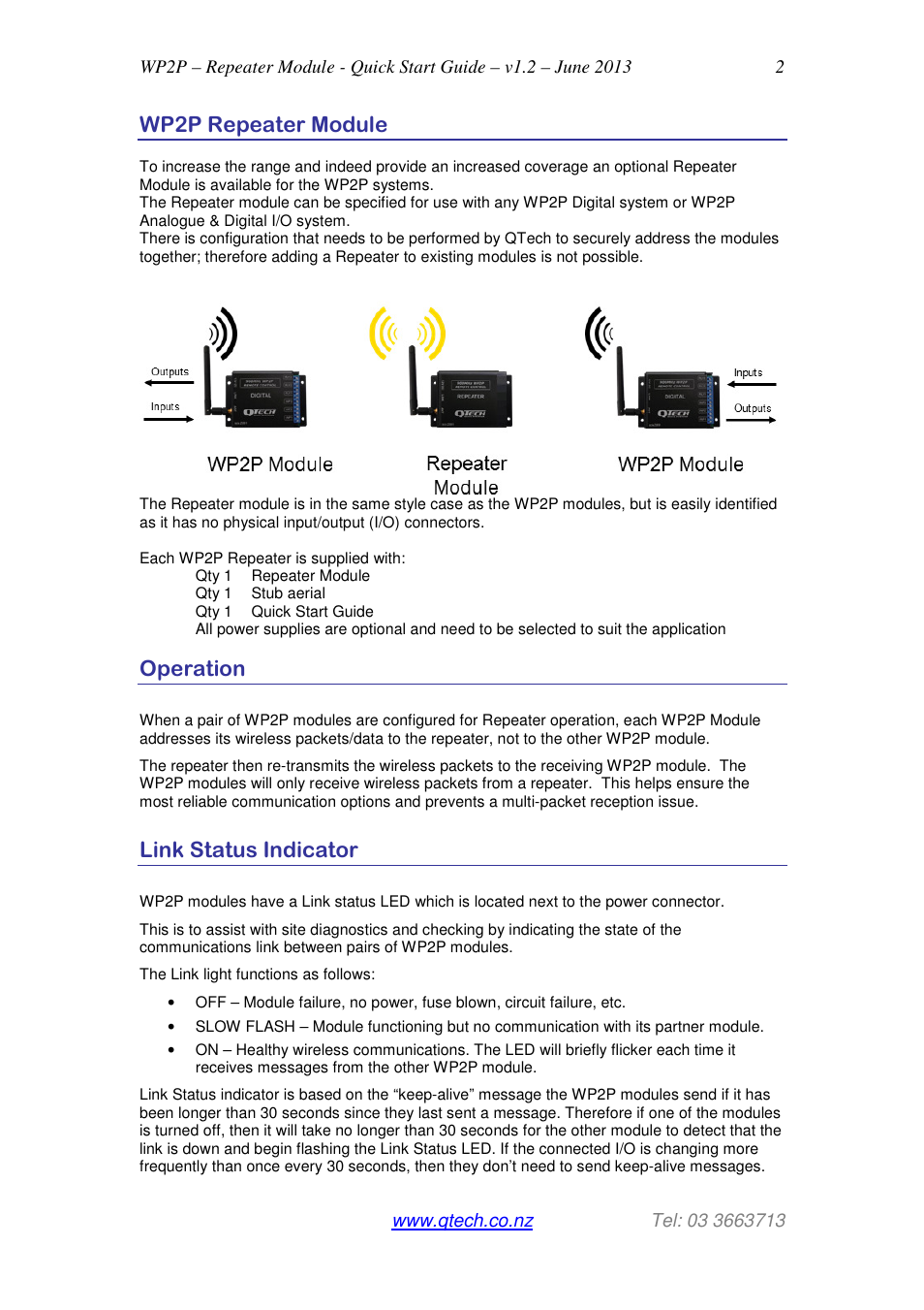 Wp2p repeater module, Operation, Link status indicator | QTech Data Systems WP2P Repeater Module User Manual | Page 2 / 7