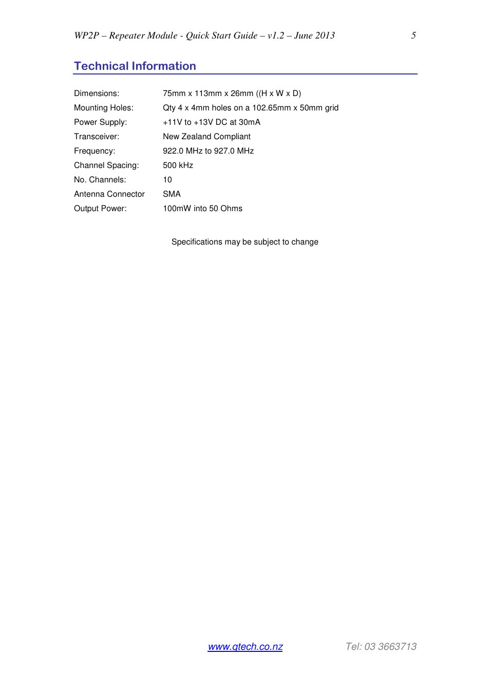 Technical information | QTech Data Systems WP2P Repeater Module User Manual | Page 5 / 7