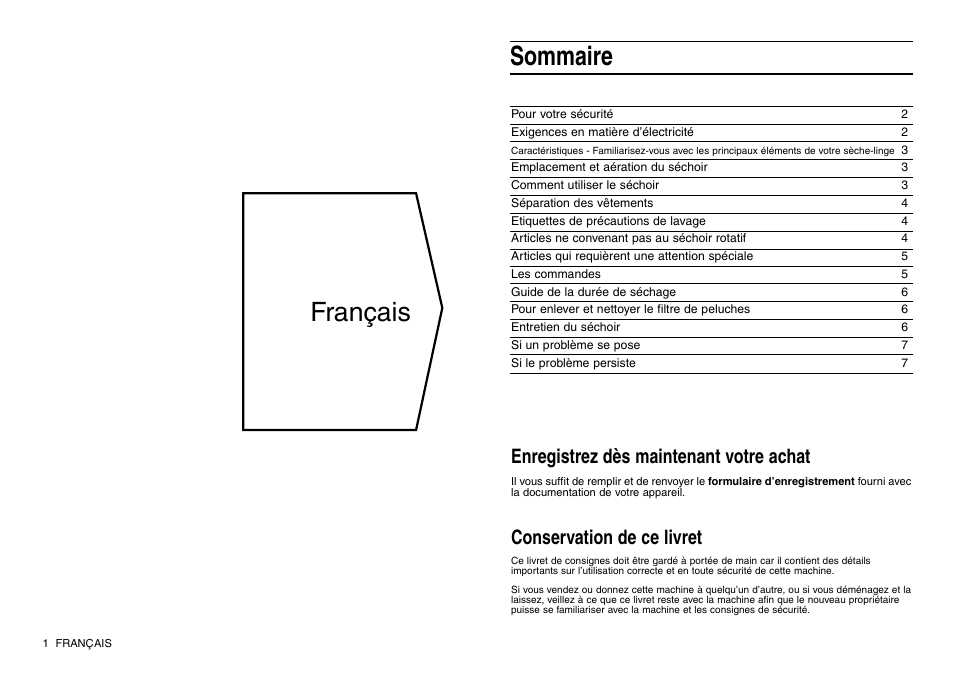 Français, Sommaire, Conservation de ce livret | Enregistrez dès maintenant votre achat | Indesit IS 30 V User Manual | Page 10 / 40