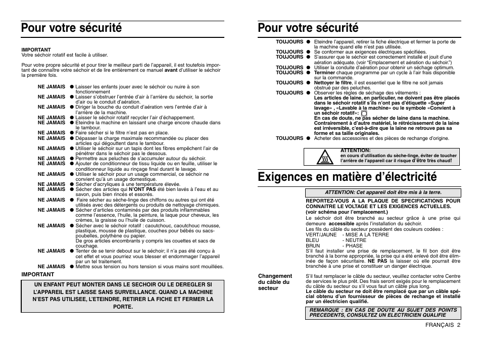 Pour votre sécurité, Exigences en matière d’électricité | Indesit IS 30 V User Manual | Page 11 / 40