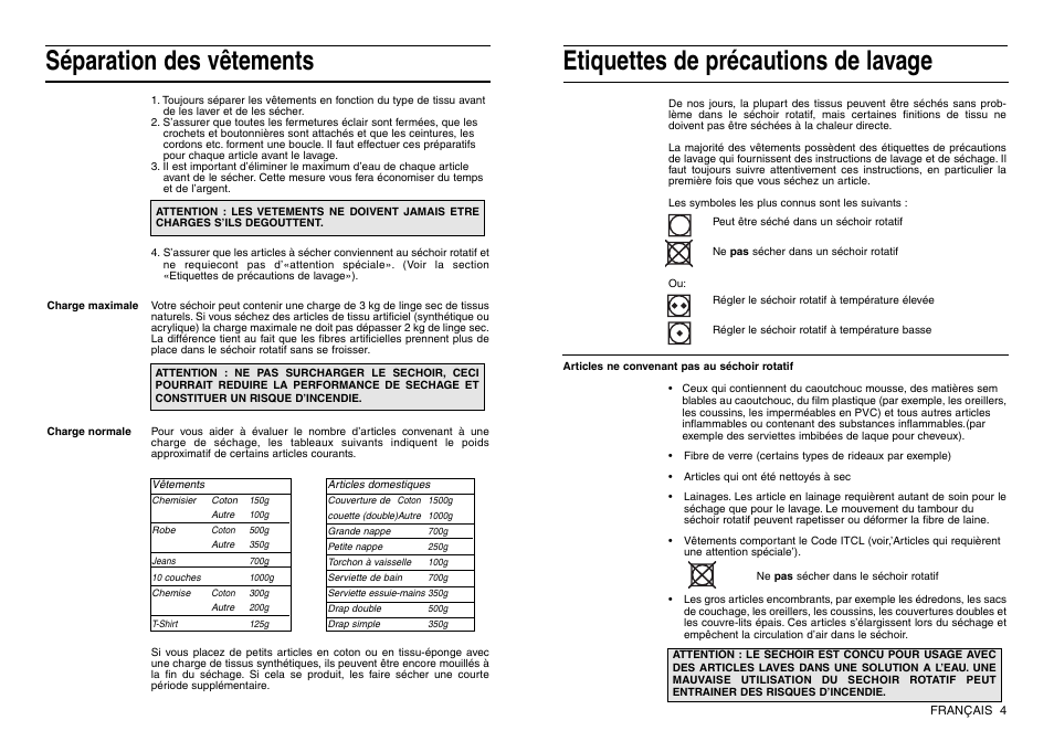Séparation des vêtements, Etiquettes de précautions de lavage | Indesit IS 30 V User Manual | Page 13 / 40