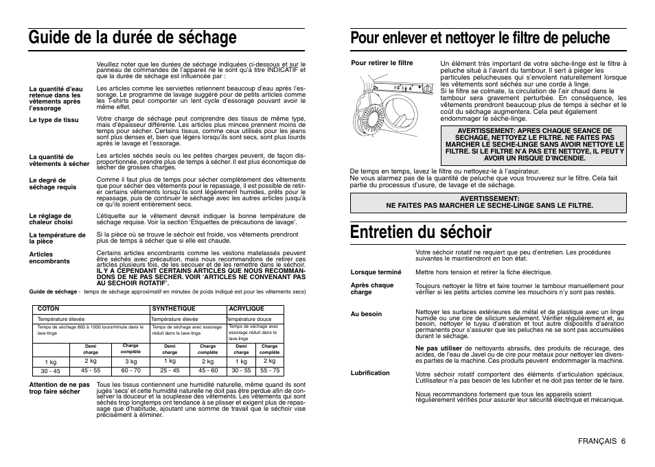 Guide de la durée de séchage, Entretien du séchoir, Pour enlever et nettoyer le filtre de peluche | Indesit IS 30 V User Manual | Page 15 / 40