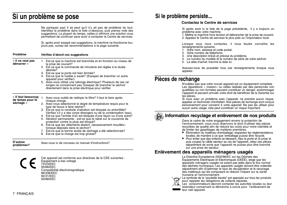 Si un problème se pose, Si le problème persiste... pièces de rechange | Indesit IS 30 V User Manual | Page 16 / 40