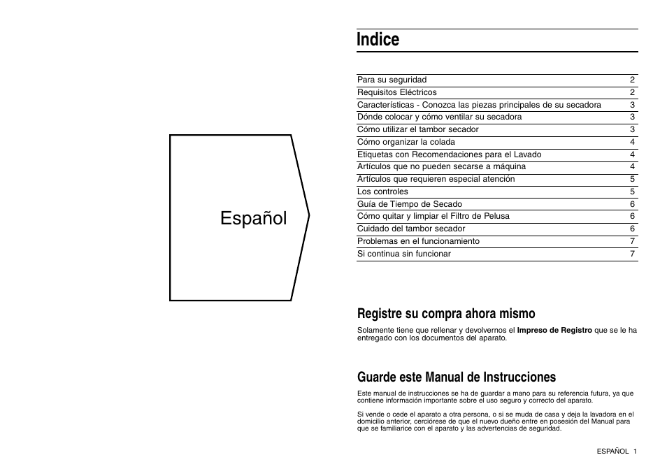 Indice, Español, Guarde este manual de instrucciones | Registre su compra ahora mismo | Indesit IS 30 V User Manual | Page 17 / 40