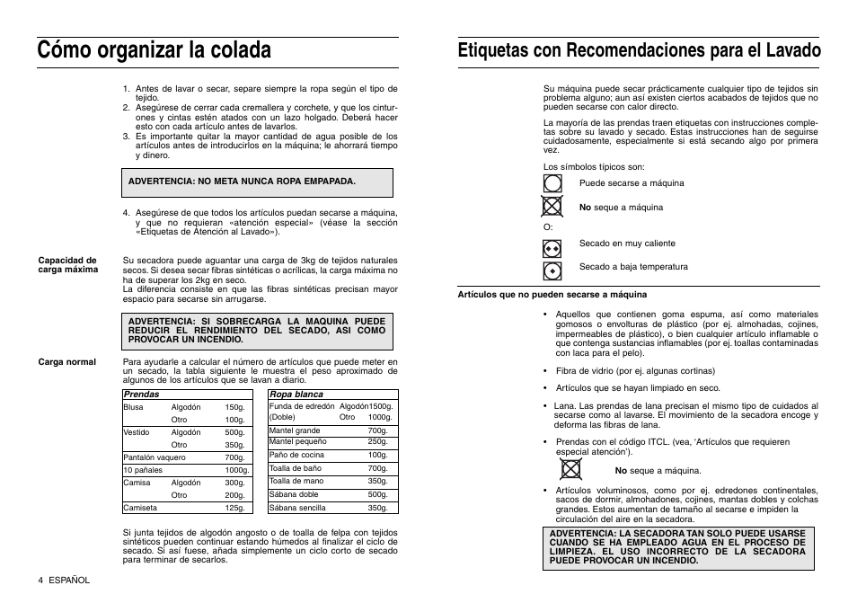Cómo organizar la colada, Etiquetas con recomendaciones para el lavado | Indesit IS 30 V User Manual | Page 20 / 40