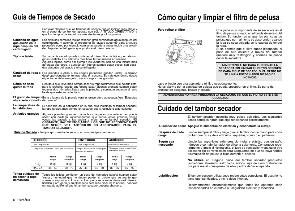 Cómo quitar y limpiar el filtro de pelusa, Guía de tiempos de secado, Cuidado del tambor secador | Indesit IS 30 V User Manual | Page 22 / 40