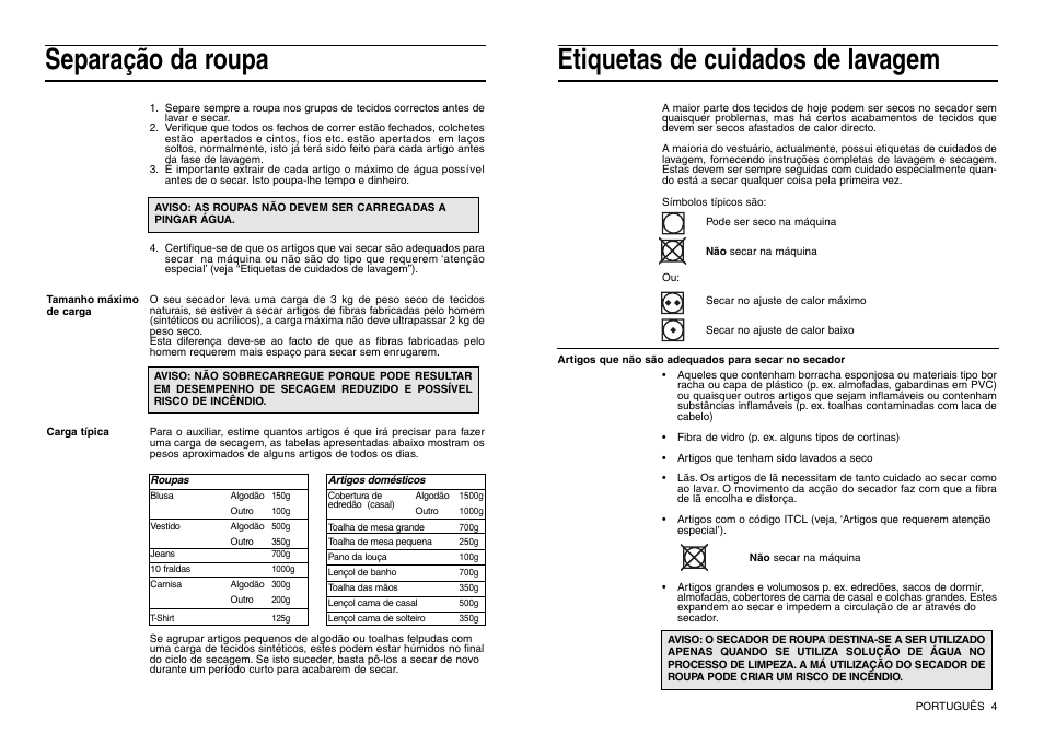 Separação da roupa, Etiquetas de cuidados de lavagem | Indesit IS 30 V User Manual | Page 27 / 40