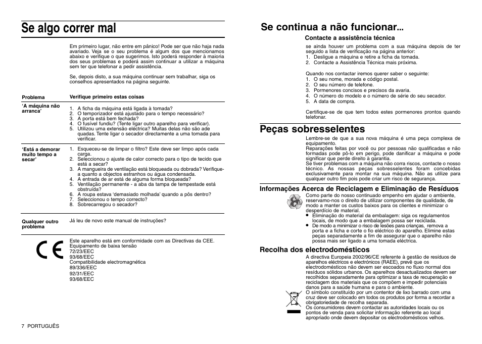 Se algo correr mal, Recolha dos electrodomésticos | Indesit IS 30 V User Manual | Page 30 / 40