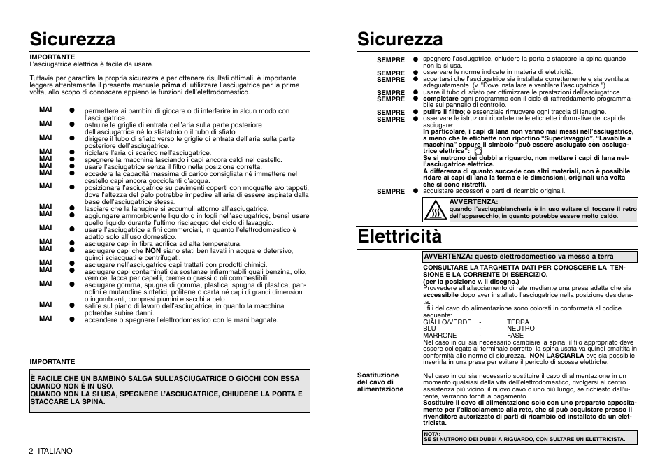Sicurezza, Sicurezza elettricità | Indesit IS 30 V User Manual | Page 32 / 40