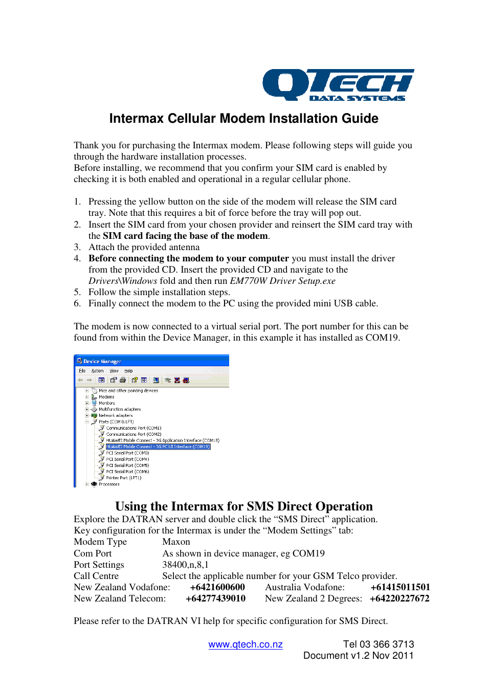 QTech Data Systems Intermax Cellular Modem User Manual | 1 page