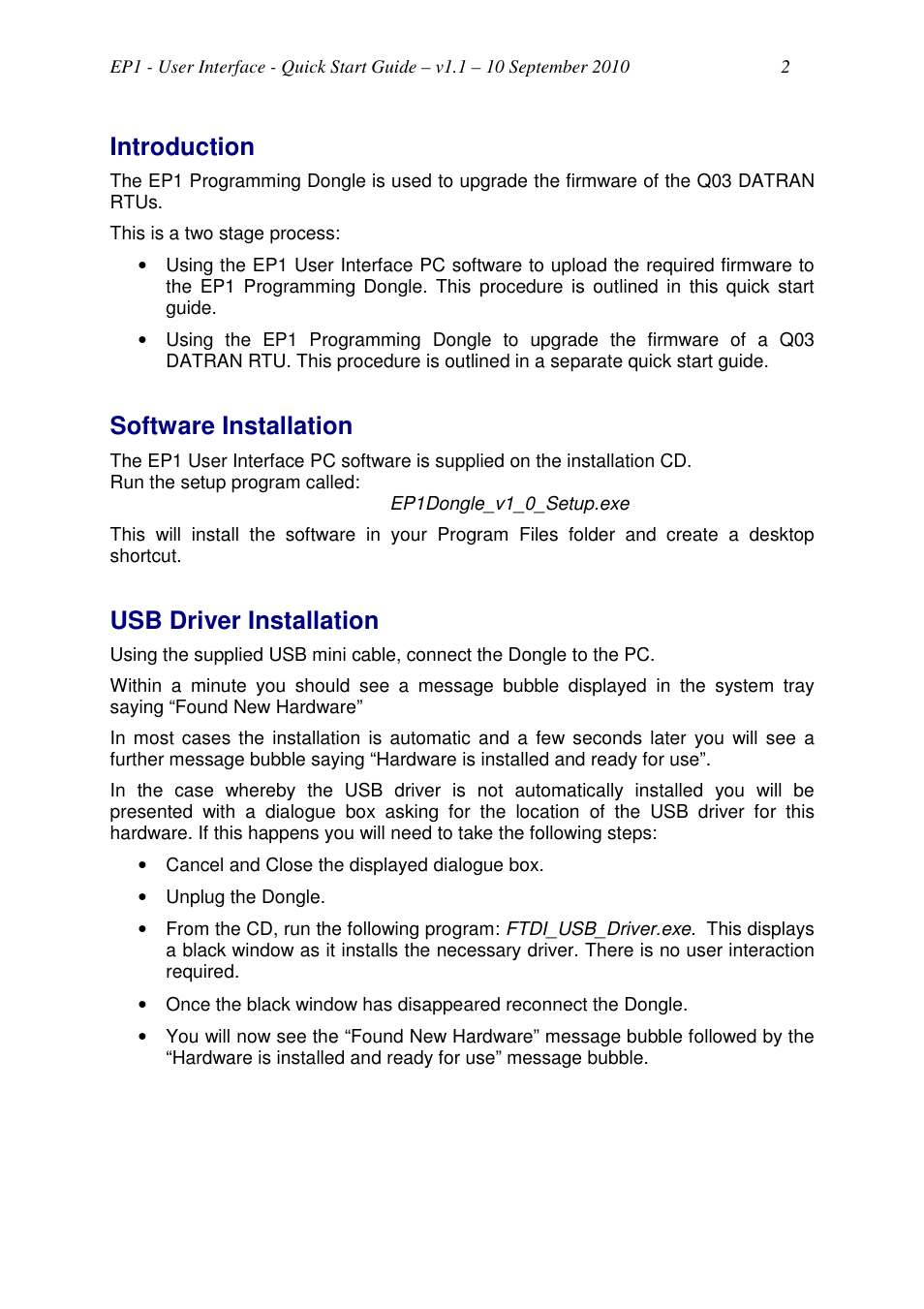 Introduction, Software installation, Usb driver installation | QTech Data Systems EP1 Q03 Programming Dongle User Manual | Page 2 / 4