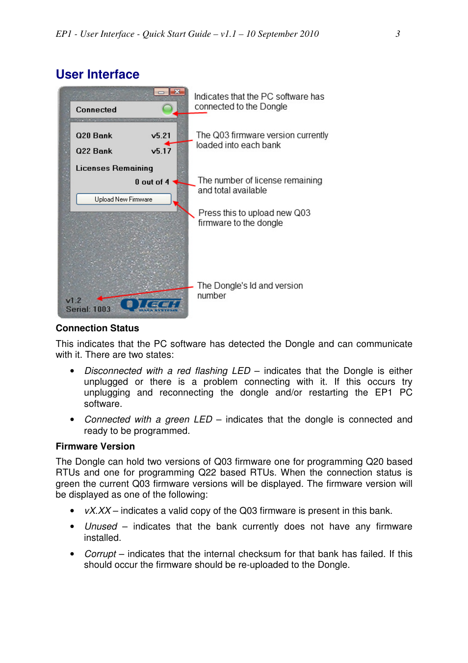 User interface | QTech Data Systems EP1 Q03 Programming Dongle User Manual | Page 3 / 4