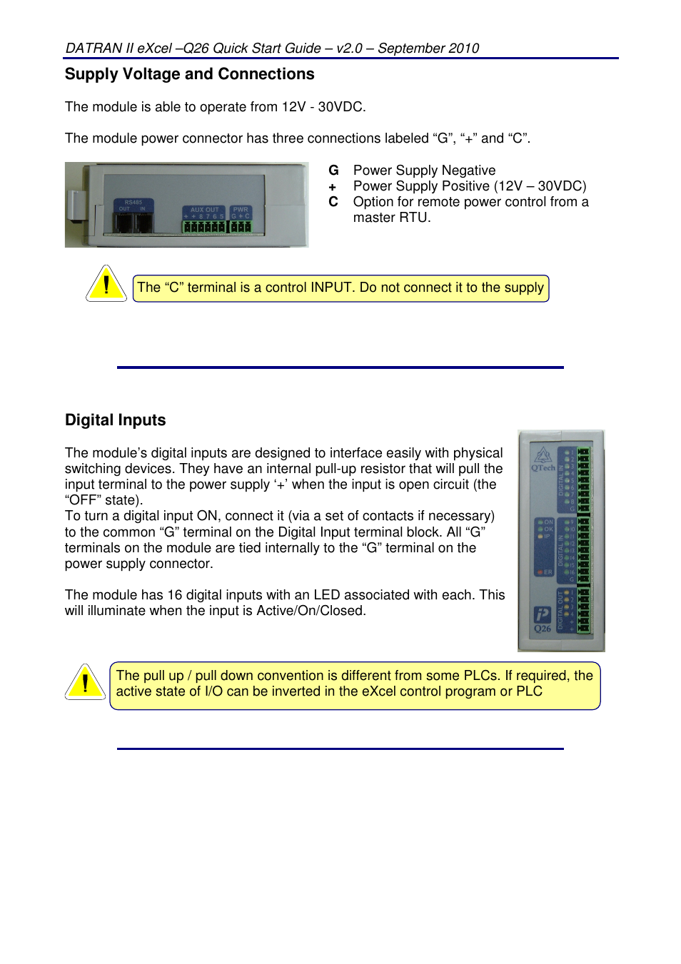 Supply voltage and connections, Digital inputs | QTech Data Systems Q26 Digital I__O Expansion Module User Manual | Page 3 / 4