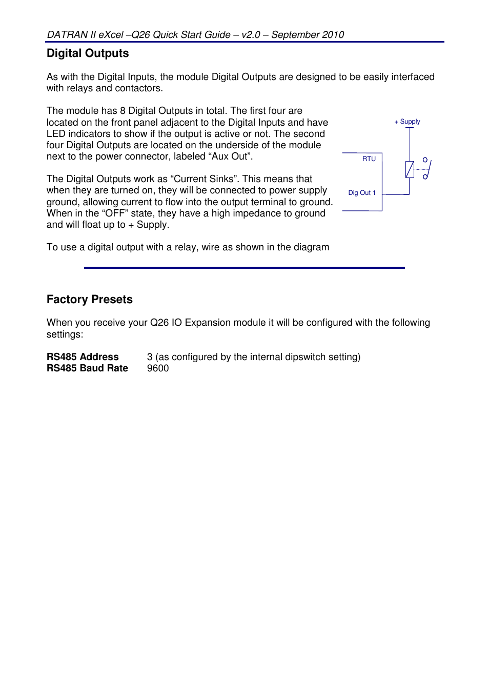 Digital outputs, Factory presets | QTech Data Systems Q26 Digital I__O Expansion Module User Manual | Page 4 / 4