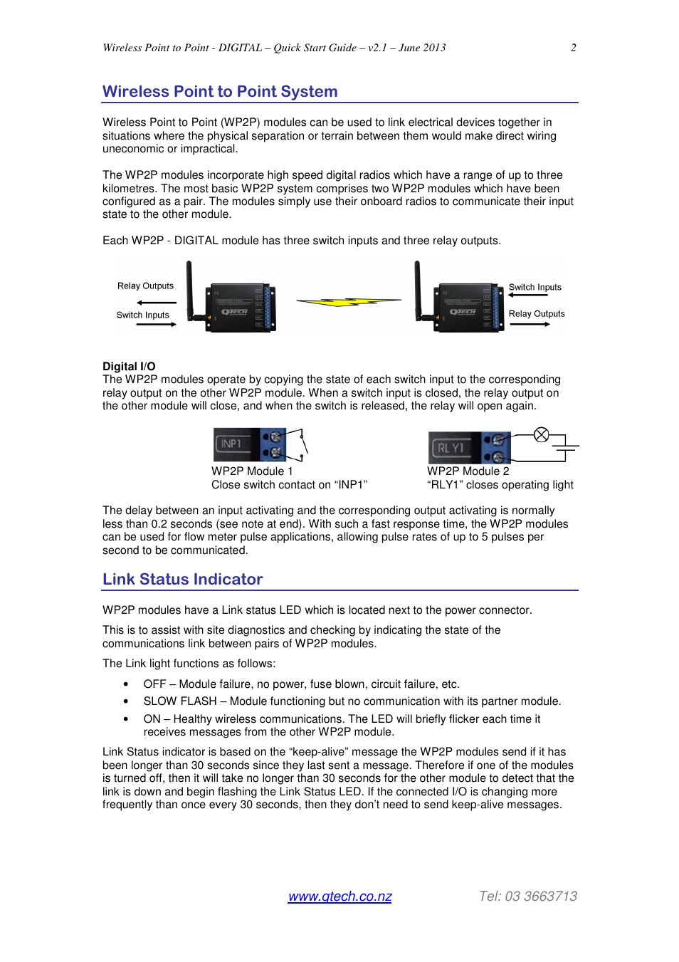 Wireless point to point system, Link status indicator | QTech Data Systems Wireless Point to Point (WP2P) - Digital I__O User Manual | Page 2 / 7