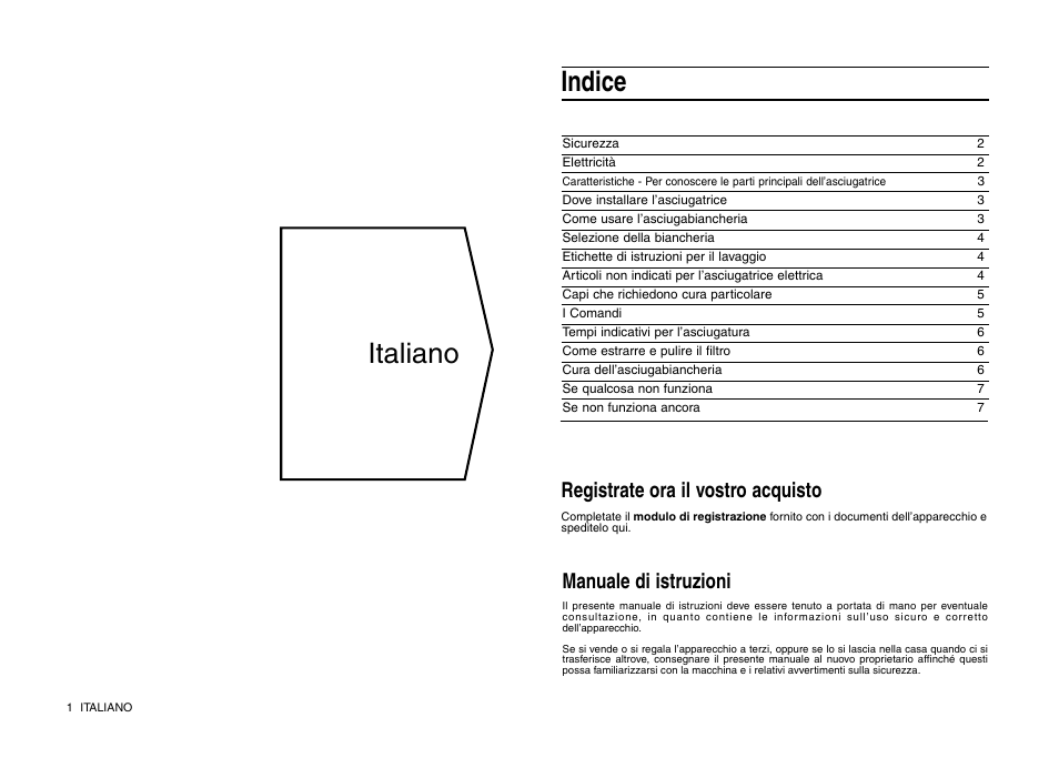 Italiano, Indice, Manuale di istruzioni | Registrate ora il vostro acquisto | Indesit IS 31 V User Manual | Page 10 / 40