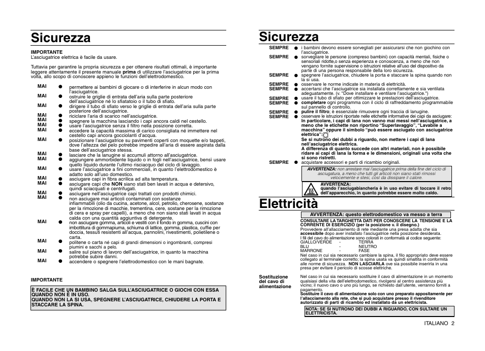Sicurezza, Sicurezza elettricità | Indesit IS 31 V User Manual | Page 11 / 40