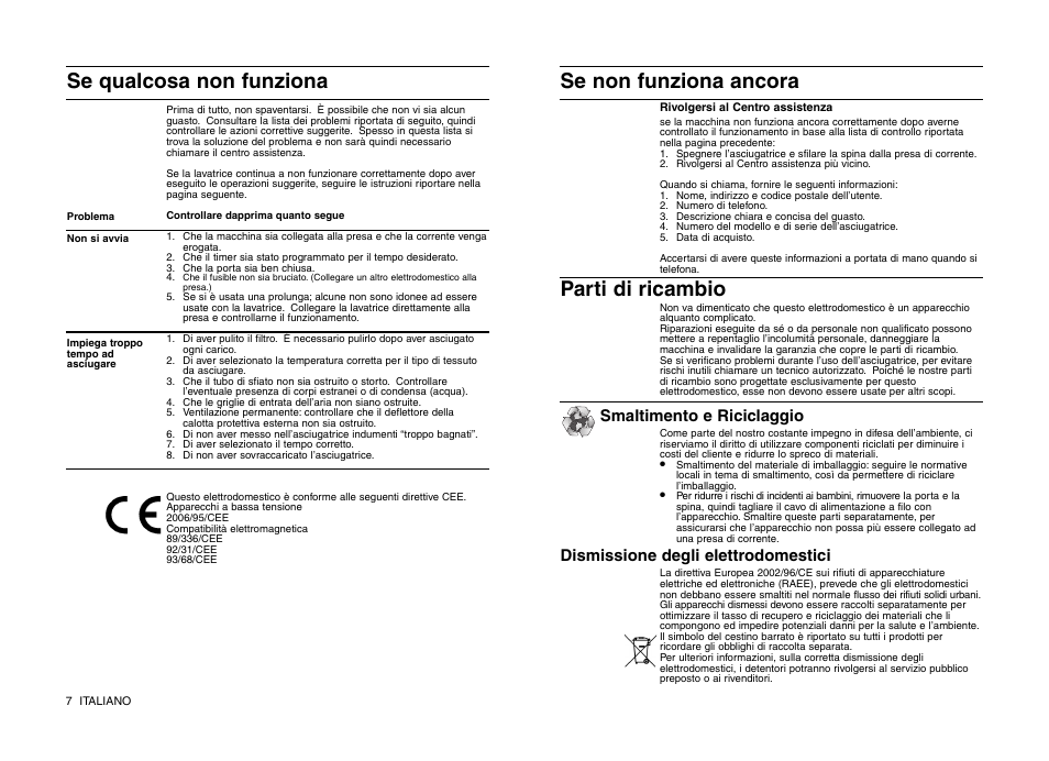 Se non funziona ancora parti di ricambio, Se qualcosa non funziona, Dismissione degli elettrodomestici | Smaltimento e riciclaggio | Indesit IS 31 V User Manual | Page 16 / 40