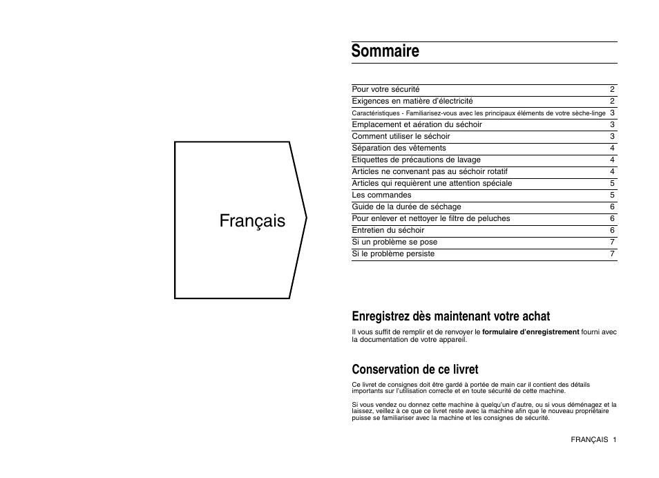 Français, Sommaire, Conservation de ce livret | Enregistrez dès maintenant votre achat | Indesit IS 31 V User Manual | Page 17 / 40