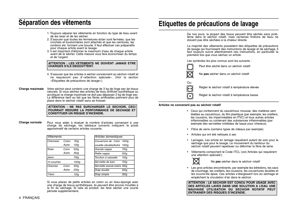 Séparation des vêtements, Etiquettes de précautions de lavage | Indesit IS 31 V User Manual | Page 20 / 40