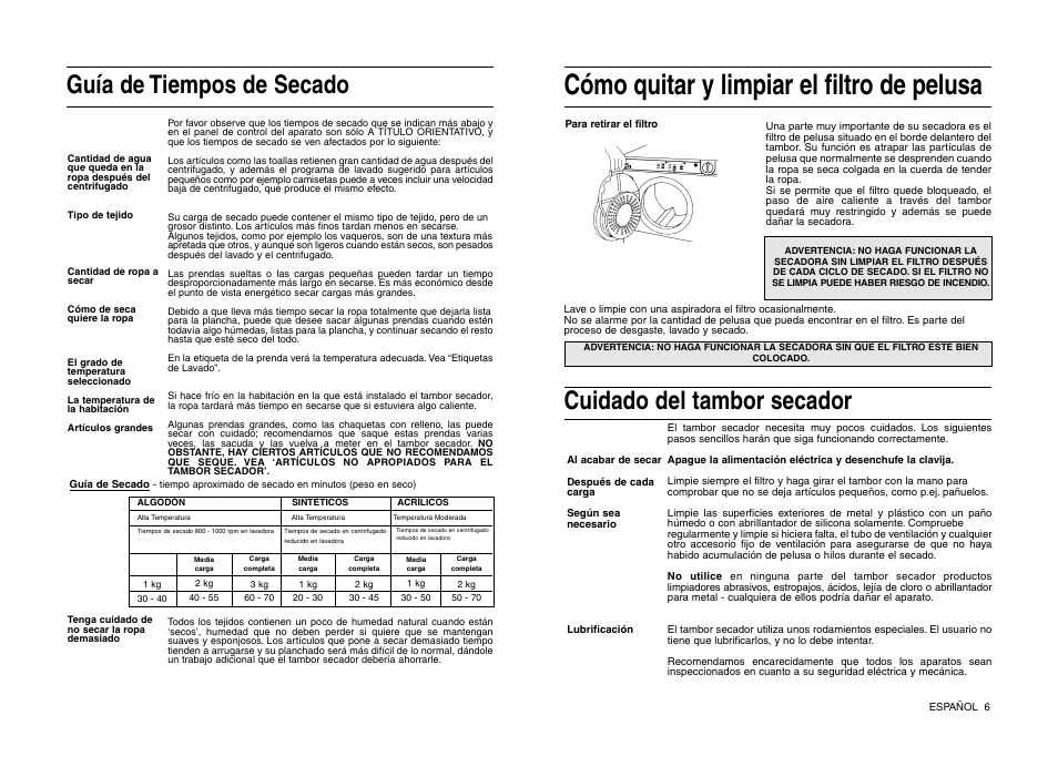 Cómo quitar y limpiar el filtro de pelusa, Guía de tiempos de secado, Cuidado del tambor secador | Indesit IS 31 V User Manual | Page 29 / 40