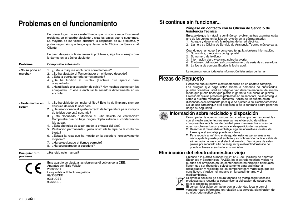 Problemas en el funcionamiento, Si continua sin funcionar... piezas de repuesto, Información sobre reciclado y disposición | Eliminación del electrodoméstico viejo | Indesit IS 31 V User Manual | Page 30 / 40