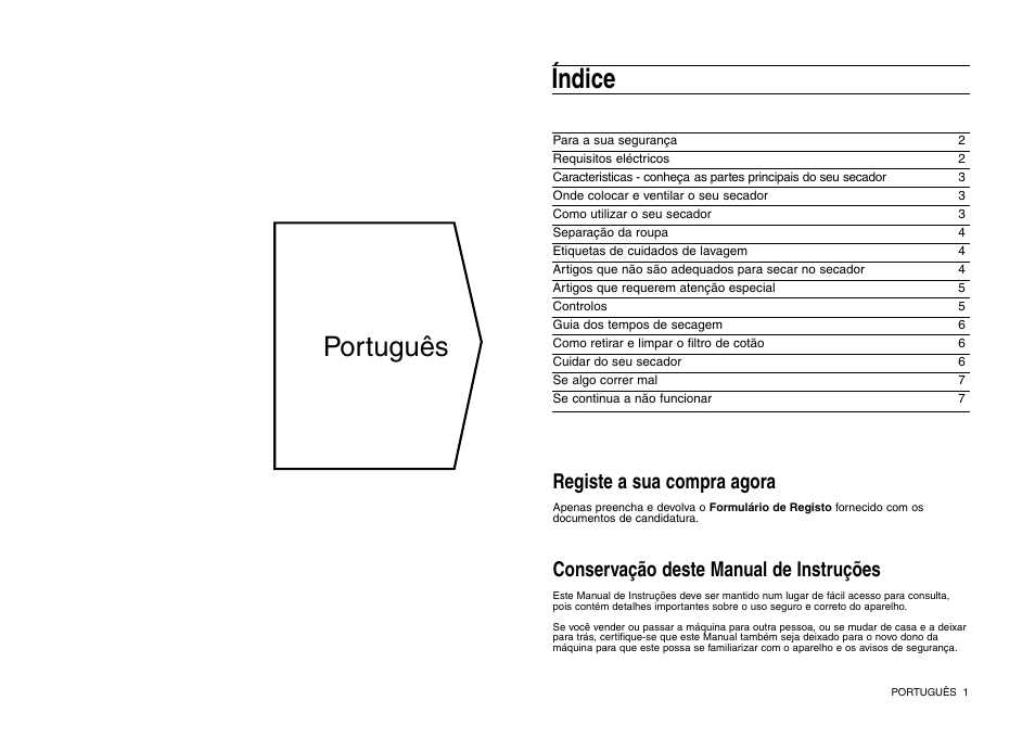 Português, Índice, Conservação deste manual de instruções | Registe a sua compra agora | Indesit IS 31 V User Manual | Page 31 / 40
