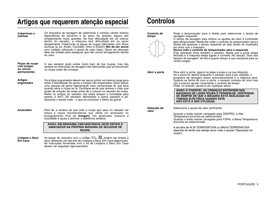 Controlos, Artigos que requerem atenção especial | Indesit IS 31 V User Manual | Page 35 / 40