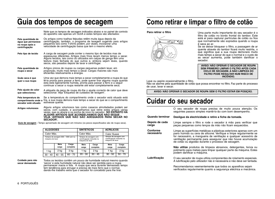 Guia dos tempos de secagem, Como retirar e limpar o filtro de cotão, Cuidar do seu secador | Indesit IS 31 V User Manual | Page 36 / 40