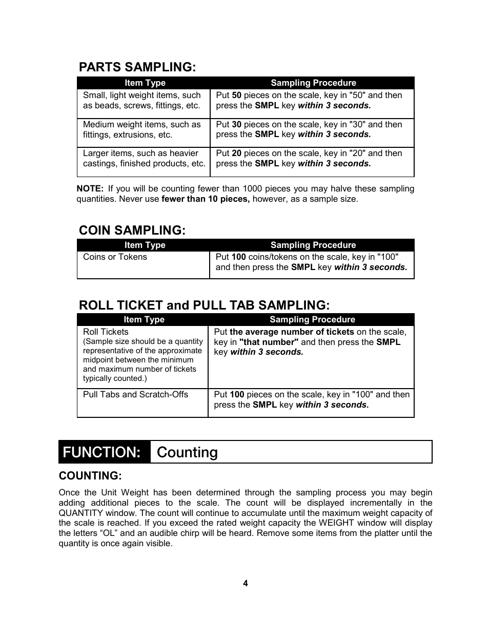 Parts sampling, Coin sampling, Roll ticket and pull tab sampling | Counting | QTECH QCS 65 User Manual | Page 4 / 8