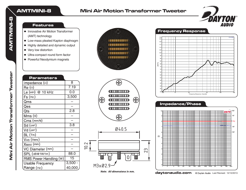 Dayton Audio AMT Mini-8 Air Motion Transformer Tweeter 8 Ohm User Manual | 1 page