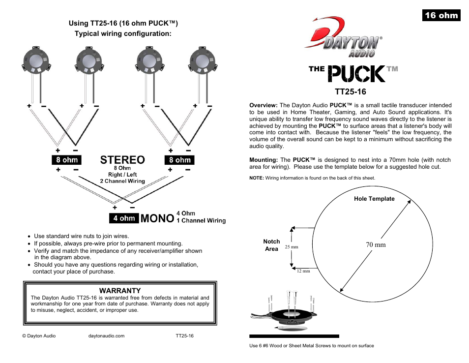 Dayton Audio TT25-16 PUCK Tactile Transducer Mini Bass Shaker 4 Pk User Manual | 1 page