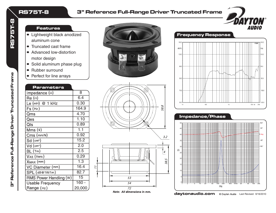 Dayton Audio RS75T-8 3" Reference Full-Range Truncated Frame 8 Ohm User Manual | 1 page