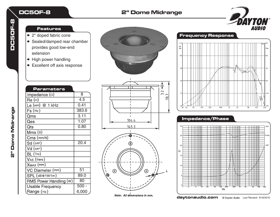 Dayton Audio DC50F-8 2" Dome Midrange 8 Ohm User Manual | 1 page