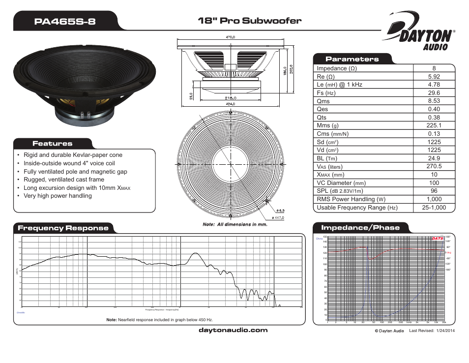 Dayton Audio PA465S-8 18" Pro Subwoofer 4 VC 8 Ohm" User Manual | 1 page