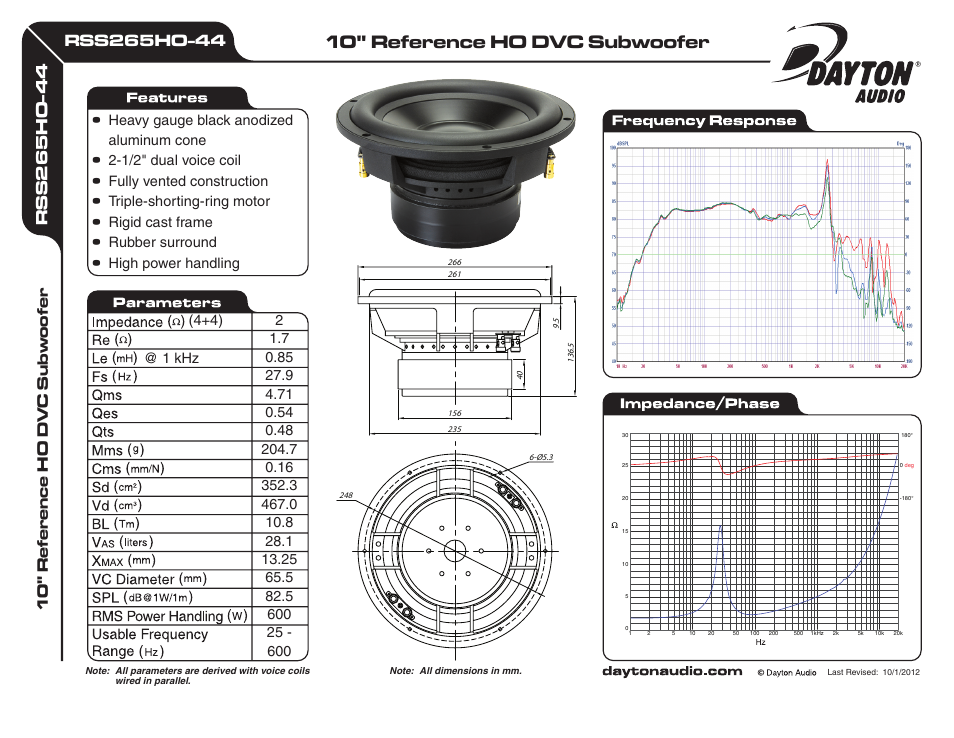 Dayton Audio RSS265HO-44 10" Reference HO DVC Subwoofer 2 Ohm User Manual | 1 page