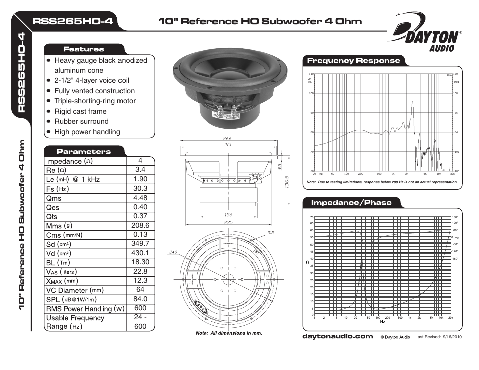 Dayton Audio RSS265HO-4 10" Reference HO Subwoofer 4 Ohm User Manual | 1 page