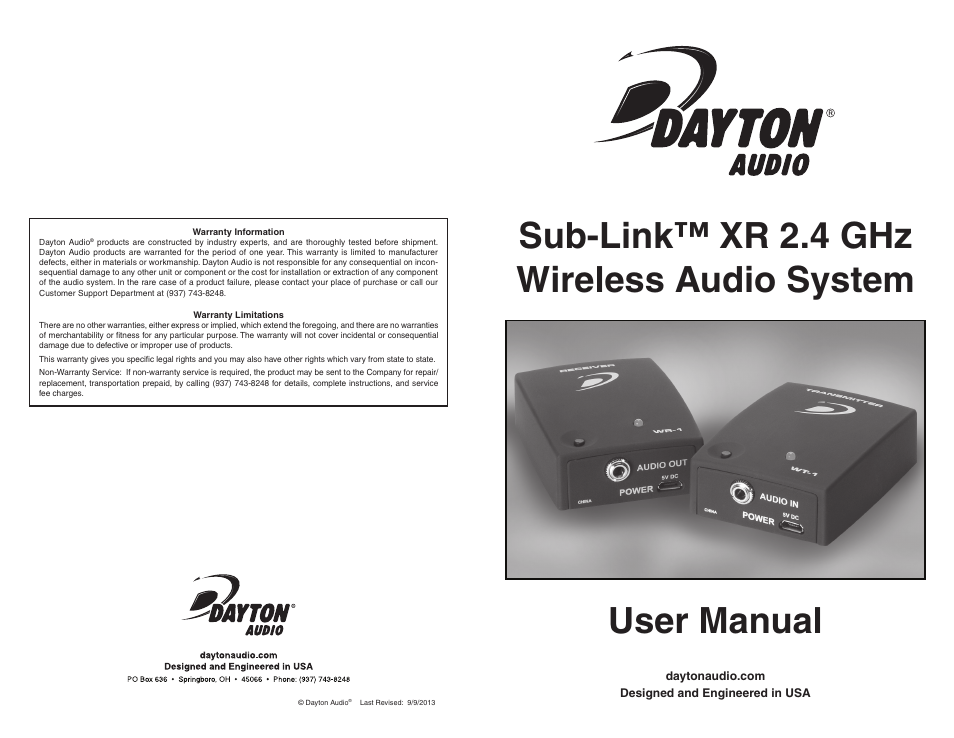 Dayton Audio WS-12 Sub-Link XR 2.4 GHz Wireless Audio Transmitter User Manual | 2 pages