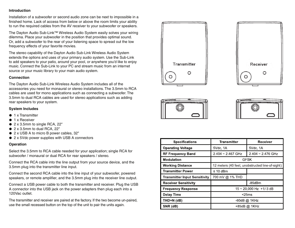 Dayton Audio WS-12 Sub-Link XR 2.4 GHz Wireless Audio Transmitter User Manual | Page 2 / 2