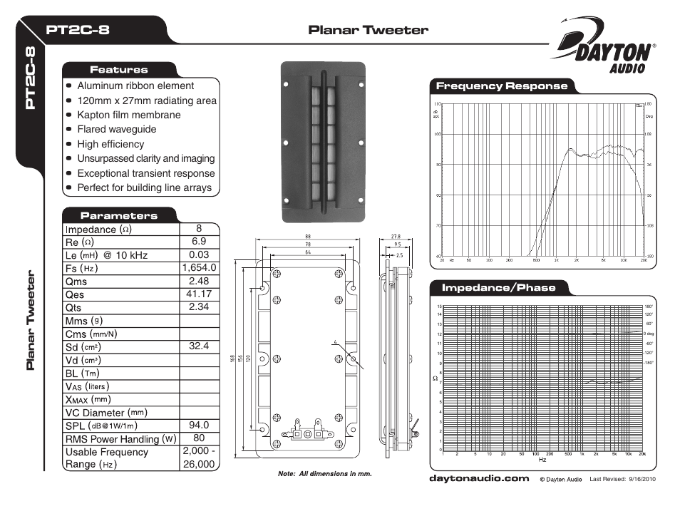 Dayton Audio PT2C-8 Planar Tweeter User Manual | 1 page