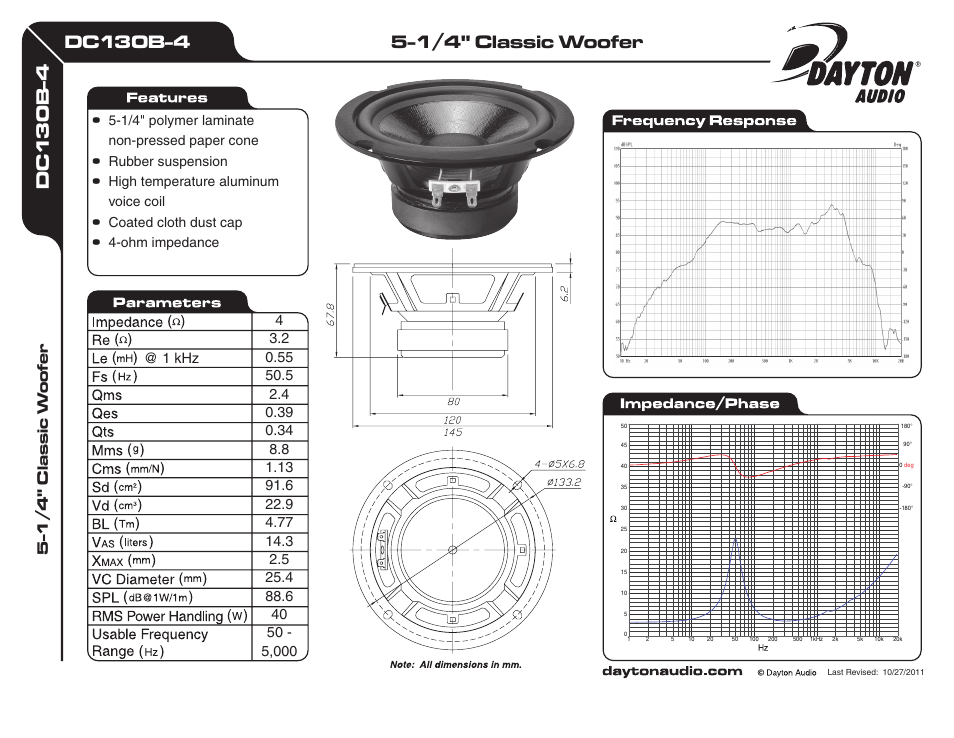 Dayton Audio DC130B-4 5-1 User Manual | 1 page