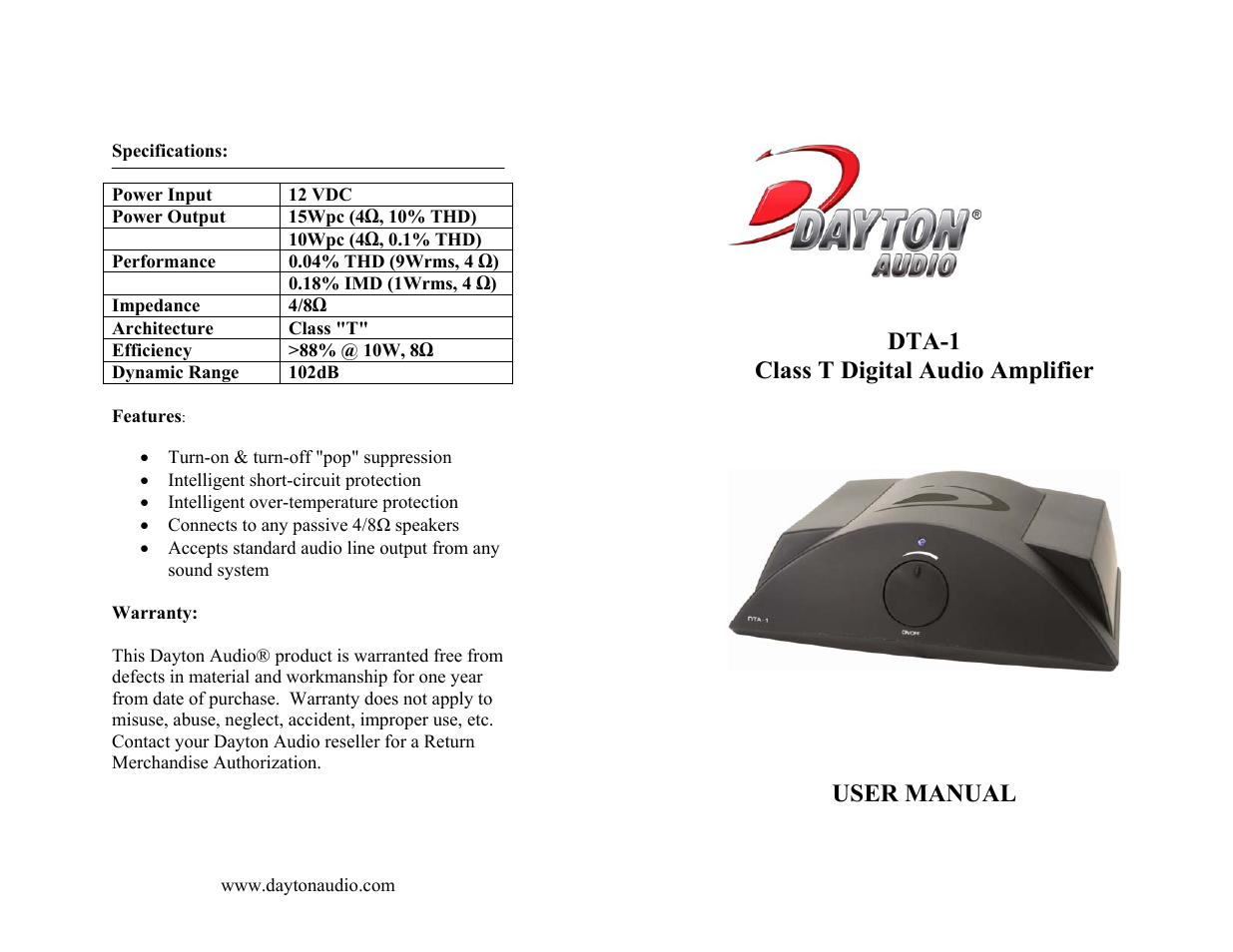 Dayton Audio DTA-1 Class T Digital AC__DC Amplifier 15 WPC User Manual | 2 pages