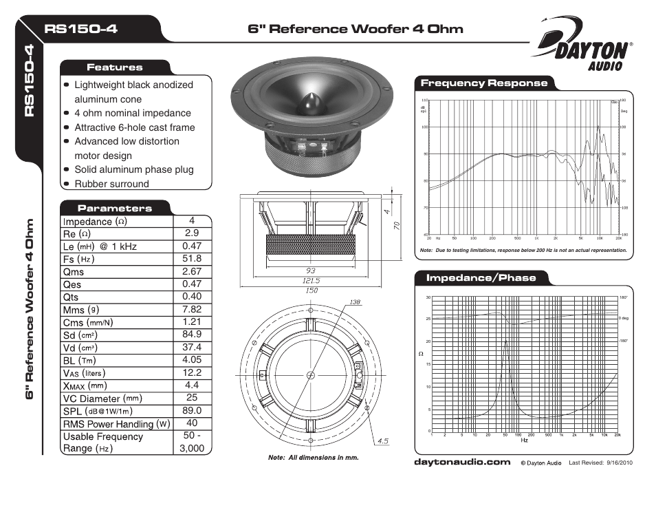 Dayton Audio RS150-4 6" Reference Woofer 4 Ohm User Manual | 1 page